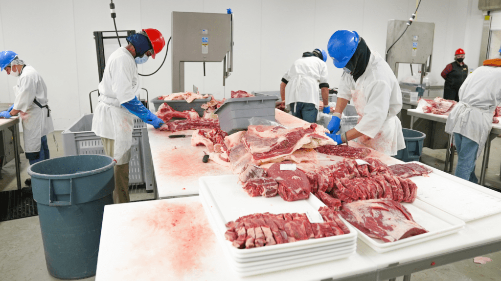 a group of people working in a meat processing plant