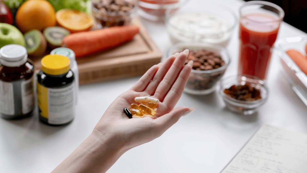 a person holding a vitamin pill in their hand